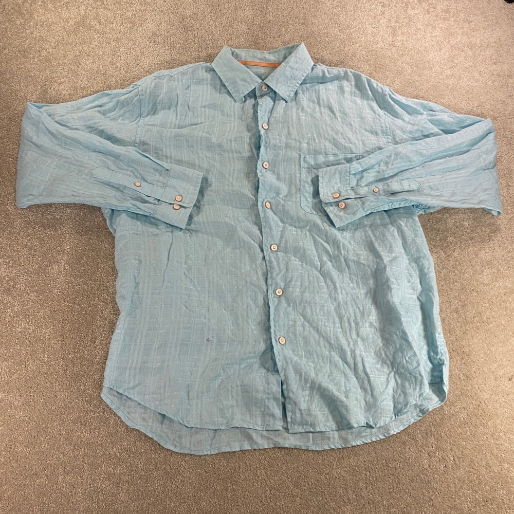 Caribbean Linen Cotton Blend Shirt Womens XL Light Blue Textured Long Sleeve